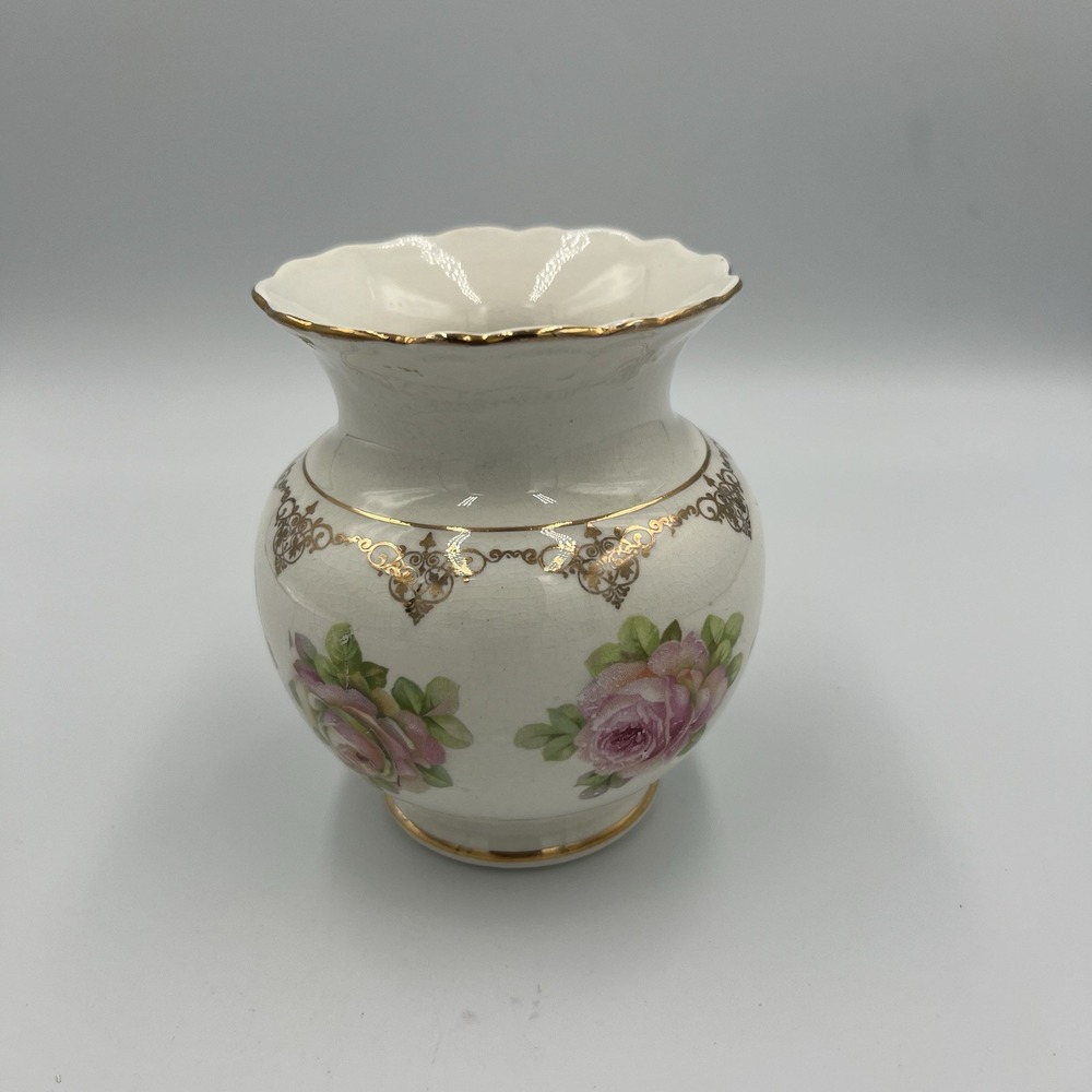 Vintage Japanese Porcelain Vase Pink Roses Gold Gilt‎ Scalloped Rim 4.75"